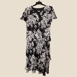 Vintage Kathy Roberts  Black White Floral Mock Two-Piece Midi Dress Size 18 Y2K